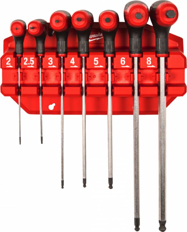 Набір ключів Г-образних MILWAUKEE з комфортною ручкою, Hex з кулькою. (7шт) (2/2,5/3/4/5/6/8мм)