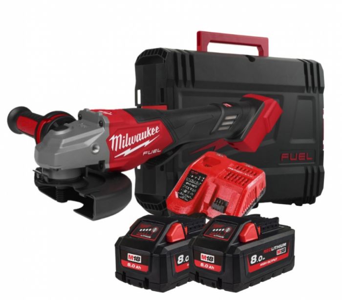 Шліфмашина кутова акумуляторна MILWAUKEE, M18 FHSAG125XPDB2-802X, Ø125мм (зарядний пристрій, 2акум. Х 8 Аг, HDкейс)