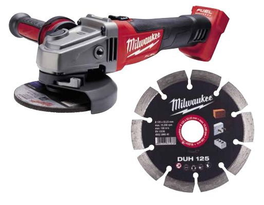 Шліфмашина кутова акумуляторна MILWAUKEE, M18 FSAG125X-0, діаметр 125мм + Диск алмазний MILWAUKEE DUH 125, діаметр 125мм (10шт)