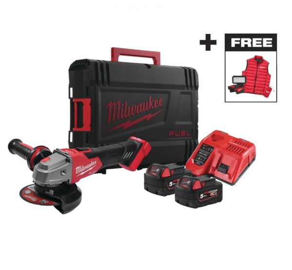 Шліфмашина кутова акумуляторна MILWAUKEE, M18 FSAG125XBMC-502X (ЗП+2ак.Х5Аг+HDкейс) + M18 ALIS-0+жилетка