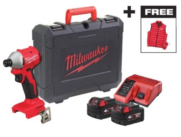 Шуруповерт ударний акумуляторний безщітковий MILWAUKEE M18 BLIDRCMC-402C (190Нм)  (+ заряд.пристрій, 2 акум., HD кейс) + жилетка
