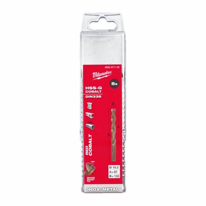 Свердло по металу HSS-Co MILWAUKEE, DIN338, Ø10,2х133х87мм, (5шт)